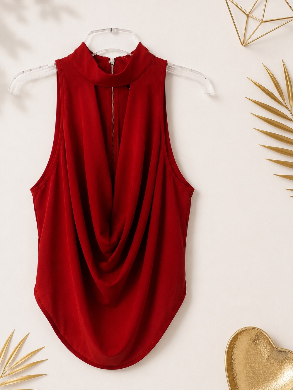 Windsor Red Sleeveless Cowl Neck Mock Neck Blouse Open Back Zip Size S